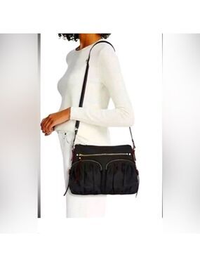 MZ WALLACE PAIGE NYLON BLACK SHOULDER BAG WITH CROSSBODY STRAP GOLD ACCENT EUC